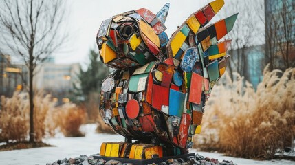 Colorful mosaic bird sculpture in park