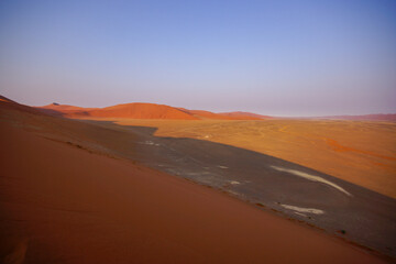 Shadow of Dune 45 onto the plains below, Sossusvlei, Namib-Naukluft, Namibia