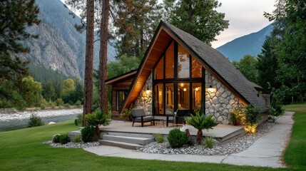 A frame cabin in a forest setting