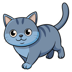 British Shorthair cat with solid blue-grey fur pouncing, a playful domestic feline, active and energetic, white background.