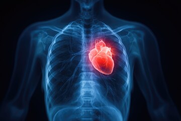 Digital rendering of a human torso, highlighting a glowing red heart within a translucent ribcage against a dark background