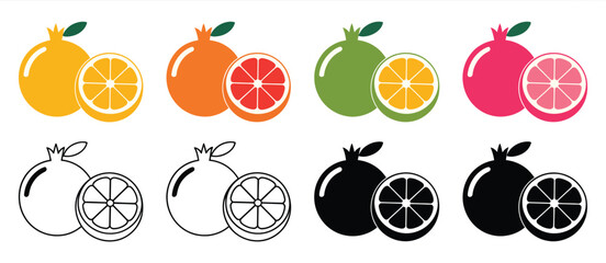 Colorful Pomegranate and Orange Fruit Icons Set