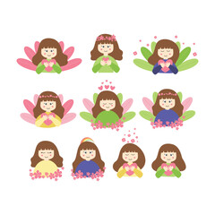 Collection of illustrations of women with peace of mind and love with cute flower ornaments