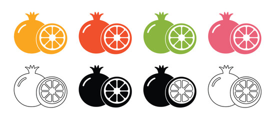 Colorful Pomegranate and Orange Slice Icons Set