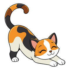 Calico cat with tri-color fur stretching gracefully, a domestic feline, elegant and playful, white background.
