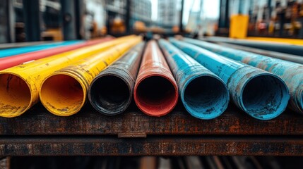 Colorful pipes arranged on metal platform