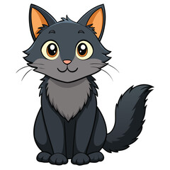 Cymric cat with fluffy black fur sitting hunched, a tailless domestic feline, looking curious, white background.