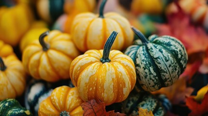 Colorful Pumpkins and Autumn Leaves