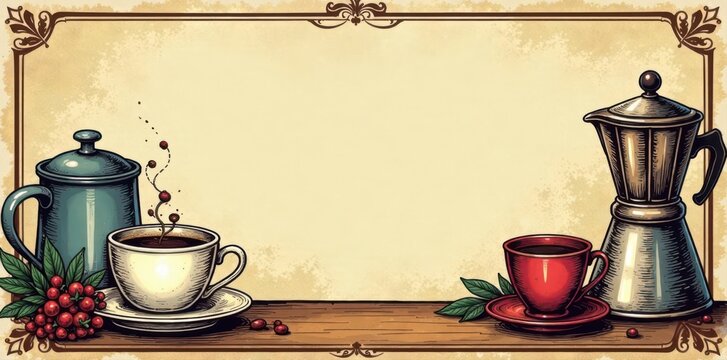 Vintage coffee shop loyalty card with hand-drawn coffee mugs and brewing equipment , coffee beans, french press