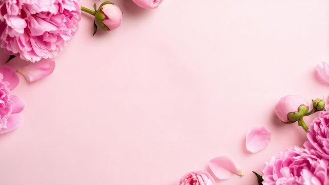 Delicate pink peonies and petals create a floral frame, conveying freshness and spring on a light pink background with copy space.