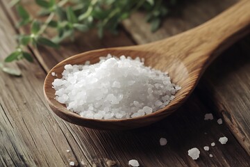 Wooden Spoon Filled with Sea Salt on Wood Surface with Thyme