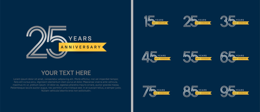 logo anniversary set. silver color with gold ribbon on blue background for special event
