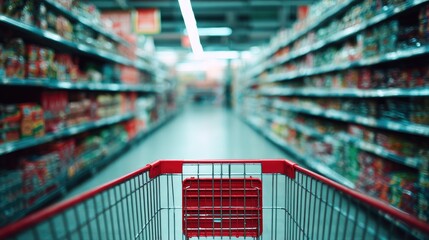 Empty shopping cart in supermarket aisle, shelves stocked with various products, blurred background