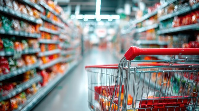 A shopping cart sits in a brightly lit supermarket aisle, filled with snacks; shelves stocked with colorful packages extend into the background