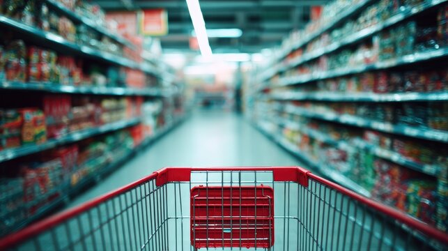 Empty shopping cart in supermarket aisle, shelves stocked with various products, blurred background