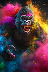 Obraz premium Vibrant gorilla emerging from colorful powder explosion in a dynamic, artistic setting