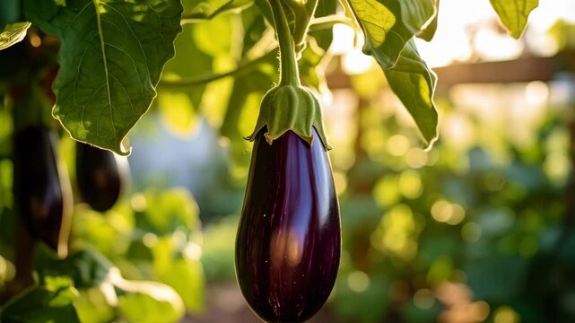 Close-up of hanging, ripe, purple eggplants growing in a garden with green leaves and sunlight shining through