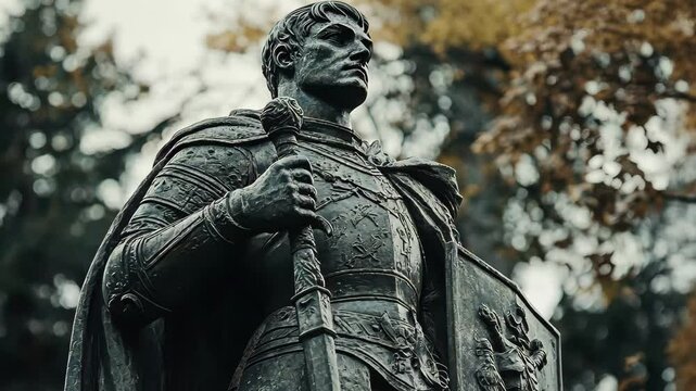 Statue of Michael the Brave stands proudly in a serene park setting amidst autumn foliage, Statue of Michael the Brave