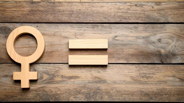 Wooden female gender symbol next to equal sign on wooden planks background promoting gender equality and equal rights.