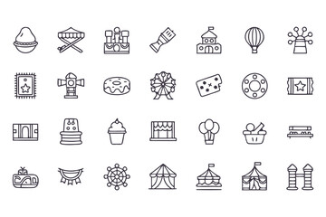 Amusement park and carnival icon set. vector line icons of rides, games, food, circus tents, balloons, and entertainment symbols
