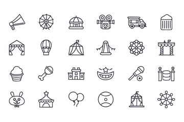 Amusement park and carnival icon set. vector line icons of rides, games, food, circus tents, balloons, and entertainment symbols
