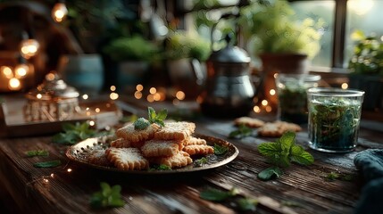 Close-up of golden tray with traditional cookies on a polished wooden surface, accompanied by a metal teapot, tea glasses, and fresh mint leaves scattered around 