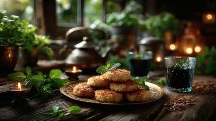 Close-up of golden tray with traditional cookies on a polished wooden surface, accompanied by a metal teapot, tea glasses, and fresh mint leaves scattered around 