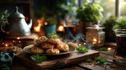 Close-up of golden tray with traditional cookies on a polished wooden surface, accompanied by a metal teapot, tea glasses, and fresh mint leaves scattered around 