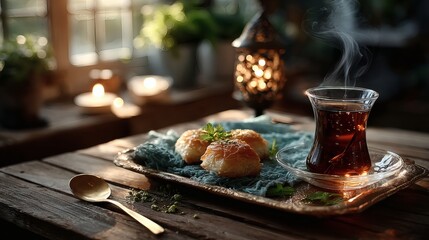 Close-up of Eid pastries on gold tray with visible texture, next to golden spoon and steaming tea in a glass with ornate holder 