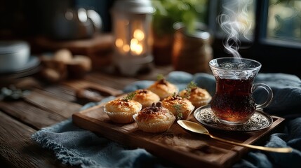 Close-up of Eid pastries on gold tray with visible texture, next to golden spoon and steaming tea in a glass with ornate holder 