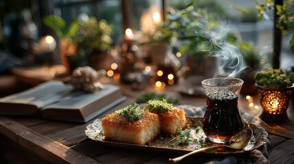 Close-up of Eid pastries on gold tray with visible texture, next to golden spoon and steaming tea in a glass with ornate holder 