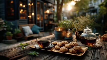 Wide shot of golden tray of cookies with tea service placed on outdoor wooden table in warm afternoon sunlight 