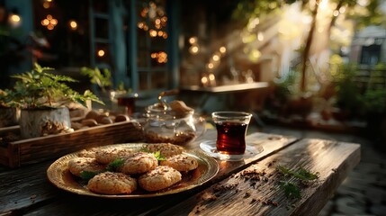 Wide shot of golden tray of cookies with tea service placed on outdoor wooden table in warm afternoon sunlight 