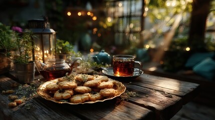 Wide shot of golden tray of cookies with tea service placed on outdoor wooden table in warm afternoon sunlight 