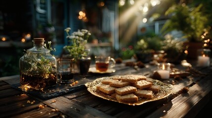 Wide shot of golden tray of cookies with tea service placed on outdoor wooden table in warm afternoon sunlight 