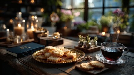 Vintage tea setting with golden tray of delicately baked cookies, clear glass teacups with steam, and wooden coasters 
