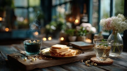 Vintage tea setting with golden tray of delicately baked cookies, clear glass teacups with steam, and wooden coasters 