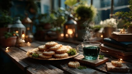 Vintage tea setting with golden tray of delicately baked cookies, clear glass teacups with steam, and wooden coasters 
