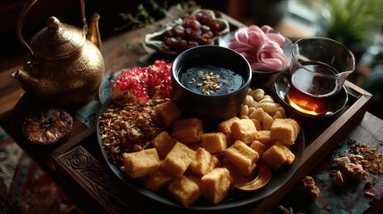 Symmetrical layout of golden tray with crescent-shaped cookies, dried fruits, and antique tea kettle on patterned carpet 