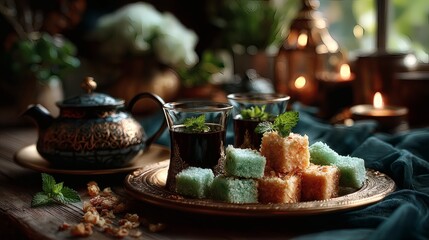 Still life of golden tray with Eid treats, mint leaves, teapot with engraved pattern, and fine china cups on velvet background 