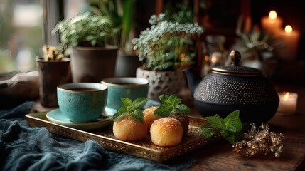 Still life of golden tray with Eid treats, mint leaves, teapot with engraved pattern, and fine china cups on velvet background 
