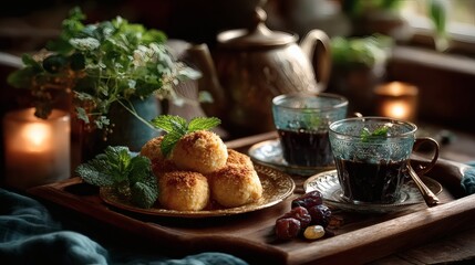 Still life of golden tray with Eid treats, mint leaves, teapot with engraved pattern, and fine china cups on velvet background 