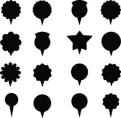 Diverse black vector illustrations of unique lapel pins, badges, and abstract shapes, perfect for modern branding, accessories, and creative design projects.