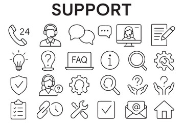 Comprehensive support icons featuring communication, help, troubleshooting, and service tools in line art style, perfect for customer service, line art icon set