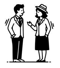 Two People Talking Icon in Formal Wear - 
style vector illustration showing a man and a woman having a conversation. Both are dressed in formal suits.