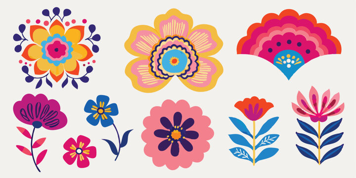 Collection of stylized floral designs with vibrant colors and folk art inspiration shown here