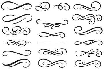 Elegant vector swirls, lines, and flourishes for text decoration, featuring decorative curves, arrows, and dividers, in a clean, black and white style, line art icon set