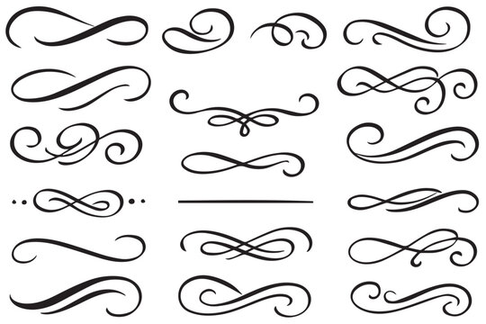 Elegant vector swirls, lines, and flourishes for text decoration, featuring decorative curves, arrows, and dividers, in a clean, black and white style, line art icon set