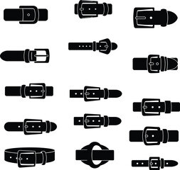 Extensive black vector illustration set of diverse leather belt silhouettes with various buckle styles, perfect for fashion and apparel design projects.