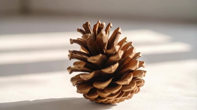 Close-up of a pinecone with brown scales on a white surface with soft shadows and natural light creating a calm ambiance.